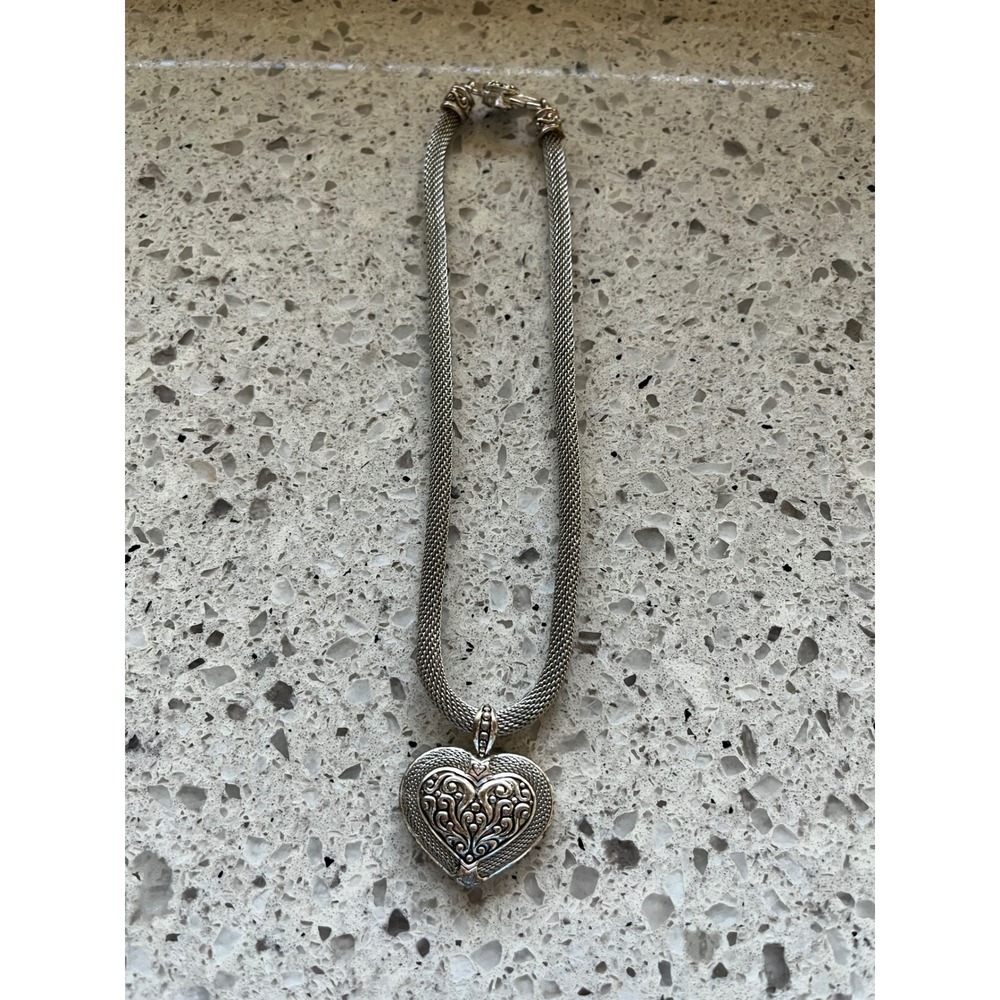 Silver Tone Filigree Heart Pendant Mesh Popcorn Chain Necklace 17 Inch